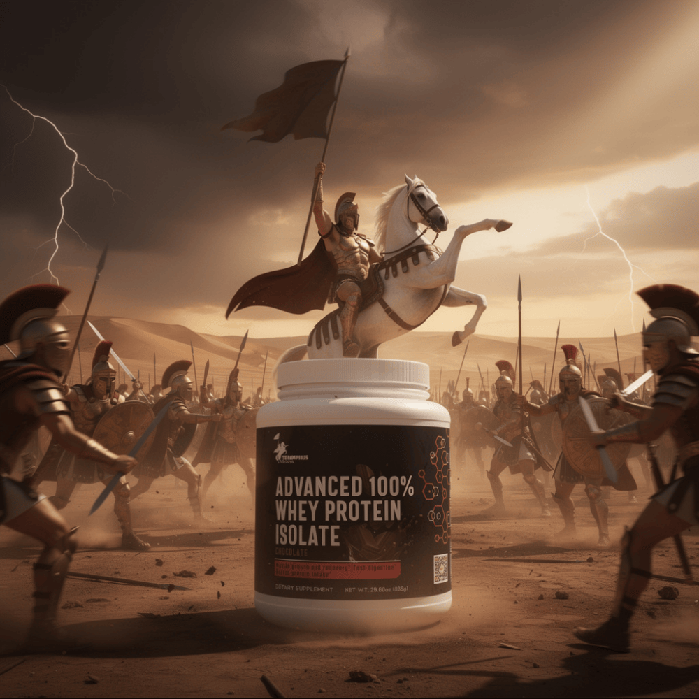 Triumphus Power Advanced 100% Whey Protein Isolate displayed with a warrior army background symbolizing strength, energy, and victory — premium chocolate protein supplement.