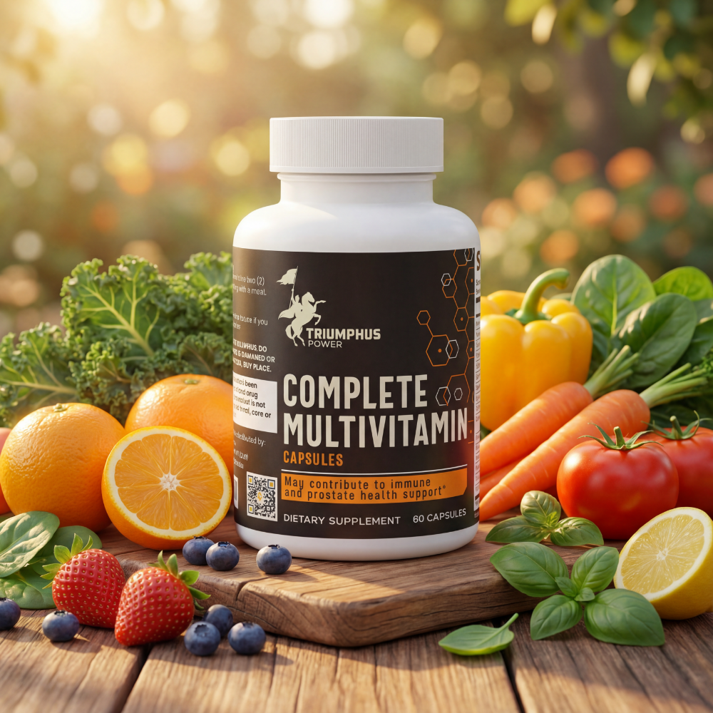 Triumphus Power Complete Multivitamin supplement bottle surrounded by fresh fruits and vegetables on a wooden surface, representing daily wellness, immune support, and natural energy.