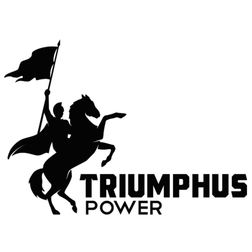 Logo of 'Triumphus Power' featuring a silhouette of a person on a horse with a flag.